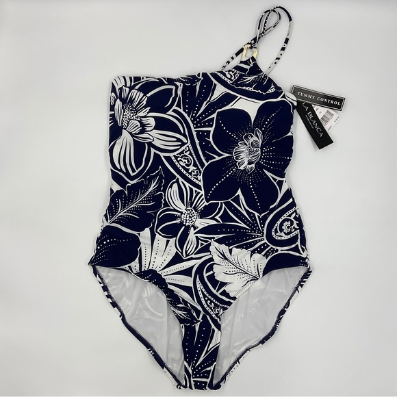 La Blanca NWT At The Playa One Piece One Shoulder Indigo Floral Swimsuit Size 16 - Picture 4 of 16